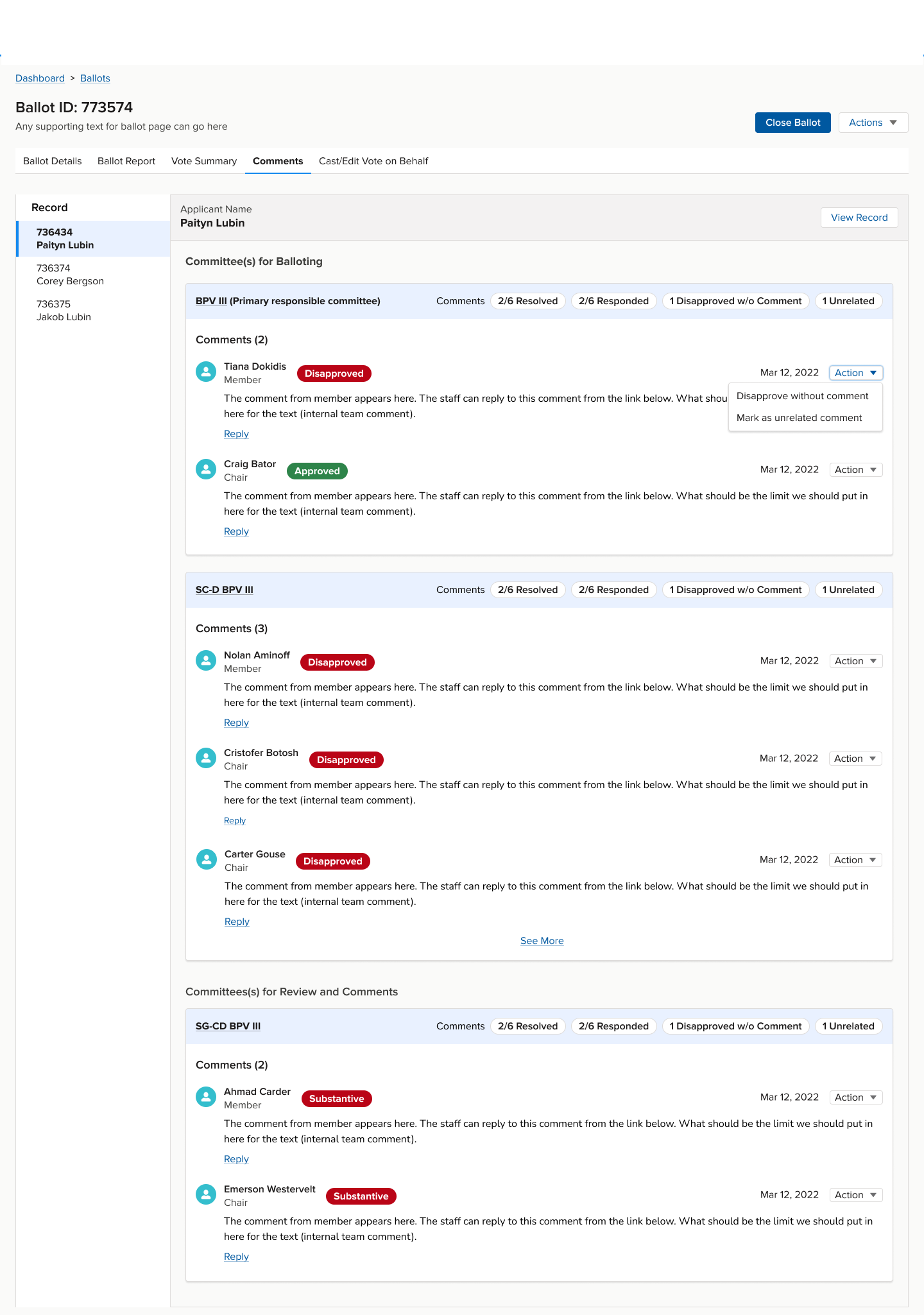 Screenshot of the comments section in the Balloted dashboard