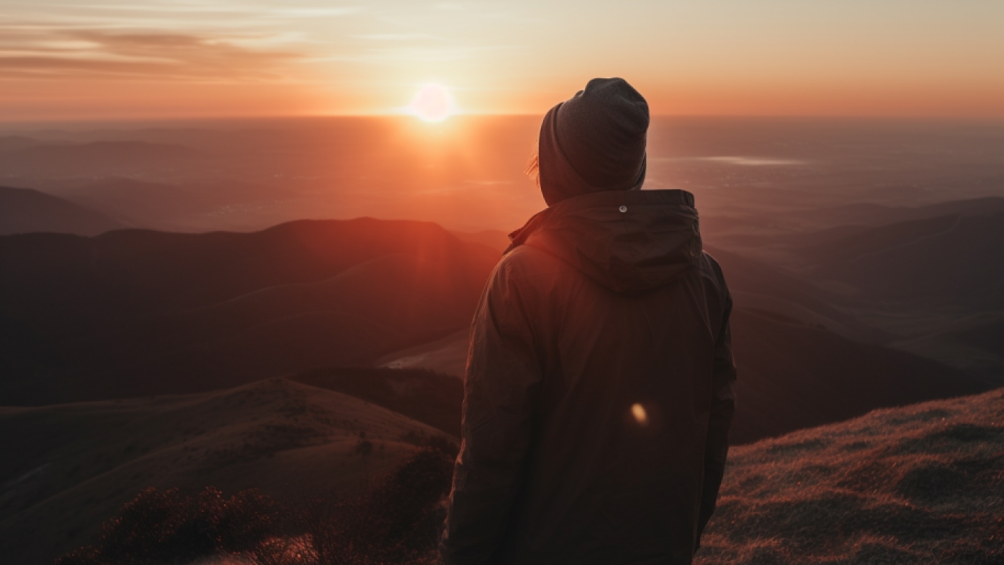 Photo of someone peering out over the horizon at sunset