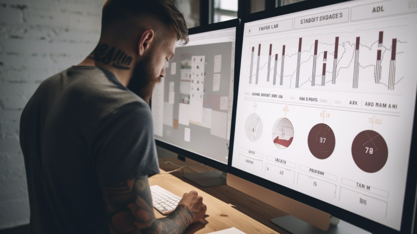 Person in front of screen with charts