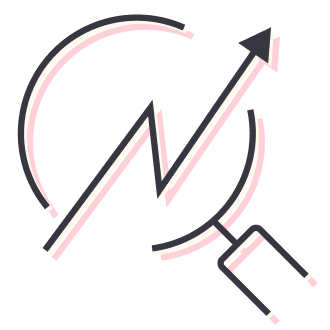 Performance Management & Monitoring icon illustration of a magnifying glass with a chart up arrow