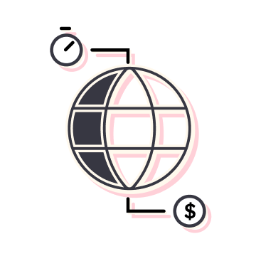 Maximize Efficiency icon illustration of a globe with a dollar sign and time icon